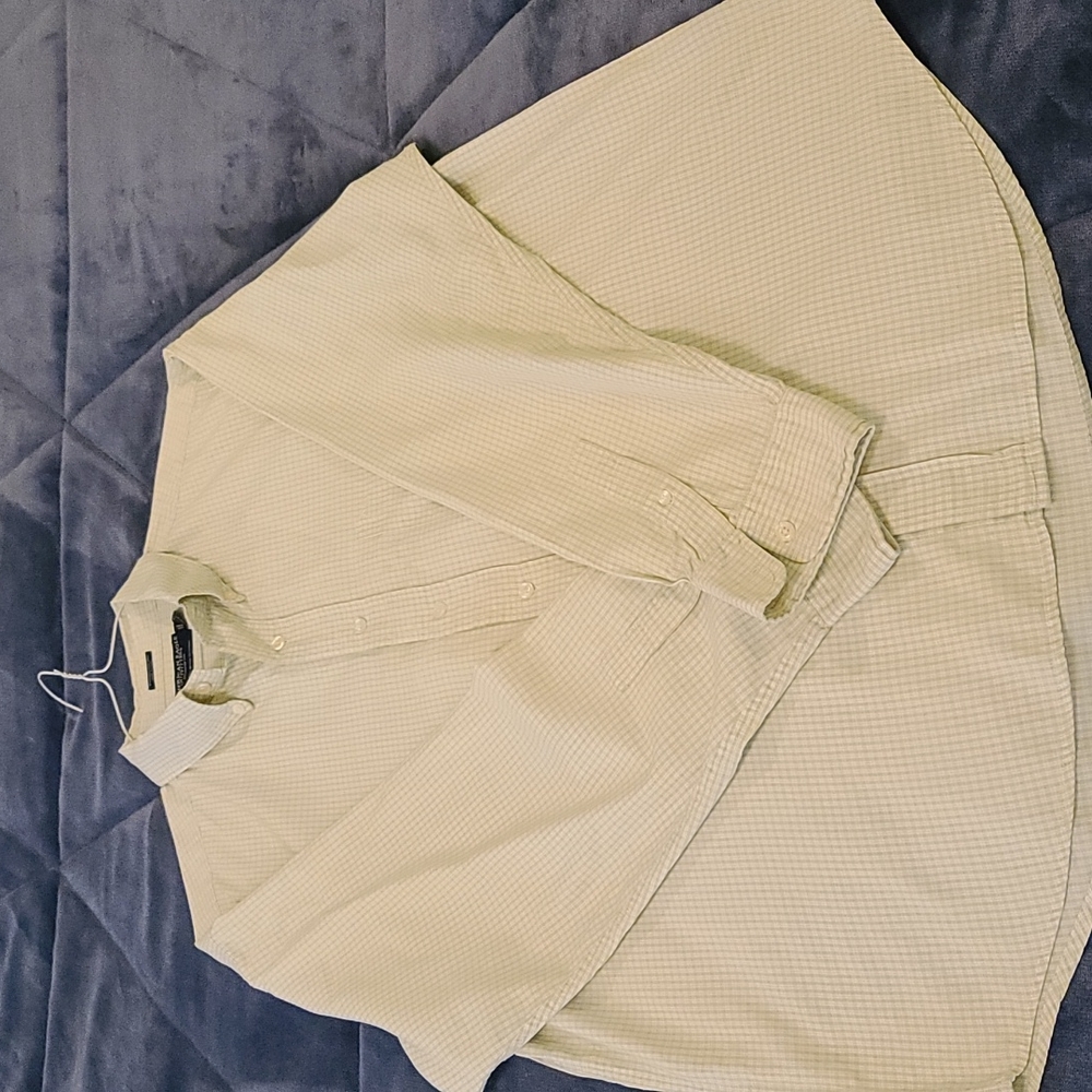 American Eagle, L, light green plaid button-down, cotton long-sleeved shirt